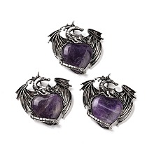 Honeyhandy Natural Amethyst Pendants, Heart Charms, with Rack Plating Antique Silver Tone Alloy Dragon Findings, 51~52.5x55x10.5~11mm, Hole: 7x4.5mm