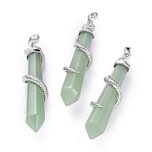 Honeyhandy Natural Green Aventurine Big Pointed Pendants, with Platinum Plated Brass Bails, Faceted, Bullet with Snake, 59~61.5x11~12x11~12mm, Hole: 5x8mm