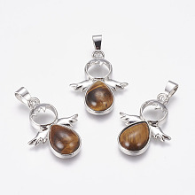 Honeyhandy Natural Tiger Eye Pendants, Angel, with Brass Finding, Platinum, 34x25.5x4.5~6.5mm, Hole: 4~5x7mm