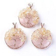 Honeyhandy Natural Citrine & Rose Quartz Big Pendants, with Rose Gold Tone Brass Findings, Flat Round with Tree of Life, 58~61.5x44~48x14~16.5mm, Hole: 4~5x3.5~6mm