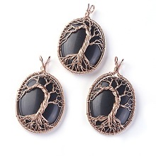 Honeyhandy Natural Obsidian Big Pendants, with Rose Gold Tone Brass Findings, Oval with Tree of Life, 56~58.5x35~36x12~13.8mm, Hole: 4.2~5.2x4.6~6mm