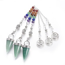 Honeyhandy Chakra Jewelry Natural Green Aventurine Cone Dowsing Pendulums, with Brass Finding and Alloy Chain, Antique Silver, 235~245x2.5mm