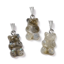 Honeyhandy Natural Labradorite Pendants, with Stainless Steel Color Tone 201 Stainless Steel Findings, Bear, 27.5mm, Hole: 2.5x7.5mm, Bear: 21x11x6.5mm