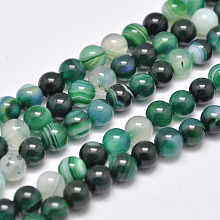 Honeyhandy Natural Striped Agate/Banded Agate Bead Strands, Dyed & Heated, Round, Grade A, Sea Green, 8mm, Hole: 1mm, about 48pcs/strand, 15.1 inch(385mm)