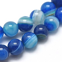 Honeyhandy Natural Striped Agate/Banded Agate Beads Strands, Dyed & Heated, Round, Royal Blue, 10mm, Hole: 1mm, about 37pcs/strand, 14.9 inch(38cm)