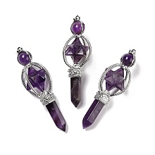 Honeyhandy Natural Amethyst Big Pendants, Eco-Friendly Brass Finding, Platinum, Cadmium Free & Lead Free, Sceptre, 61x24mm, Hole: 7x4.5mm