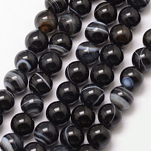 Honeyhandy Natural Striped Agate/Banded Agate Bead Strands, Round, Grade A, Dyed & Heated, Black, 10mm, Hole: 1mm, about 37pcs/strand, 15 inch