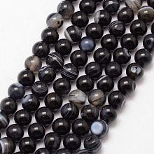 Honeyhandy Natural Striped Agate/Banded Agate Bead Strands, Round, Grade A, Dyed & Heated, Black, 6mm, Hole: 1mm, about 61pcs/strand, 15 inch