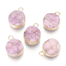 Honeyhandy Natural Druzy Agate Pendants, with Real 18K Gold Plated Brass Finding, Long-Lasting Plated, Flat Round, Dyed, Pink, 18~20x14x5~10mm, Hole: 2~3mm