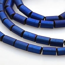 Honeyhandy Electroplate Frosted Non-magnetic Synthetic Hematite Column Beads Strands, Blue Plated, 4x2mm, Hole: 1mm, about 98pcs/strand, 16.7 inch