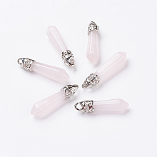 Honeyhandy Natural Rose Quartz Pointed Pendants, with Platinum Tone Alloy Findings, Bullet, 33~40x8~9x8~9mm, Hole: 3x4mm