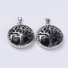 Honeyhandy Natural Dyed Black Agate Pendants, with Platinum Plated Brass Findings, Flat Round with Tree of Life, 31x27x8mm, Hole: 3.5x7mm