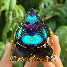 Honeyhandy Resin Orgonite Pyramid Home Display Decorations, with Natural Gemstone Chips, Cyan, 50x50x50mm