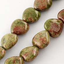 Honeyhandy Natural Unakite Bead Strands, Heart, Olive Drab, 10x10x5mm, Hole: 1mm, about 40pcs/strand, 15.3 inch