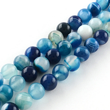 Honeyhandy Dyed Natural Striped Agate/Banded Agate Round Bead Strands, Dodger Blue, 6mm, Hole: 1mm, about 62pcs/strand, 15.7 inch