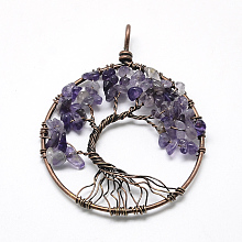 Honeyhandy Natural Amethyst Chip Big Pendants, with Brass Wires, Tree, Red Copper, 62~65x48~53x5~10mm, Hole: 4mm