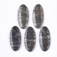 Honeyhandy Natural Pyrite Pendants, Oval, 41x18x4~5mm, Hole: 1.5mm