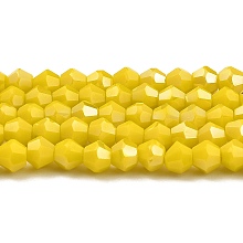 Honeyhandy Opaque Solid Color Electroplate Glass Beads Strands, AB Color Plated, Faceted, Bicone, Yellow, 4x4mm, Hole: 0.8mm, about 82~85pcs/strand, 30.5~31cm