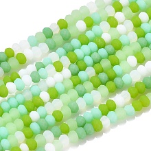 Honeyhandy Faceted Glass Beads Strands, Frosted, Rondelle, Lawn Green, 2.5~3.2x1.8~2.6mm, Hole: 0.8mm, about 185~186pcs/Strand, 15.55~15.75 inch(39.5~40cm)