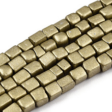 Opaque Spray Painted Glass Bead Strands, Rectangle, Dark Goldenrod, 2~4.5x3.5~4x3.5~4mm, Hole: 1.2mm, about 105~110pcs/strand, 14.88 inch~15.28 inch(37.8~38.8cm)