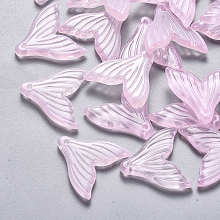 Honeyhandy Transparent Spray Painted Glass Pendants, with Glitter Powder, Fishtail Shape, Pearl Pink, 19x19.5x3.5mm, Hole: 1.2mm