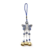 Honeyhandy Butterfly Wind Chimes, Handmade Lampwork & Alloy Rhinestone & Resin Evil Eye Hanging Ornaments, Antique Silver & Golden, 272mm