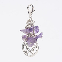 Honeyhandy Natural Amethyst Chips Pendants, with Flat Round with Pentagram Pendants and Brass Lobster Claw Clasps, 46x17x8mm