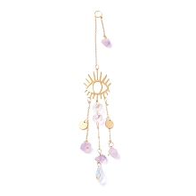 Honeyhandy Hanging Crystal Aurora Wind Chimes, with Prismatic Pendant, Eye-shaped Iron Link and Natural Amethyst, for Home Window Lighting Decoration, Golden, 315mm