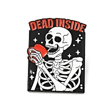 Honeyhandy Skeleton with Cup Halloween Enamel Pin, Word Dead Inside Alloy Badge for Backpack Clothes, Electrophoresis Black, Red, 30x23x1.5mm