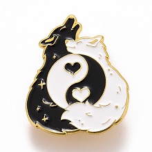 Honeyhandy Double Wolf and Great Harmony Enamel Pin, Animal Alloy Badge for Backpack Clothes, Golden, Black, 30x25x1.5mm, Pin: 1.2mm