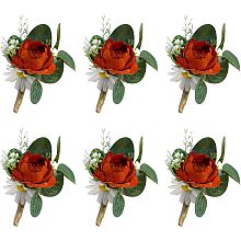 GORGECRAFT 6Pcs Red Wedding Boutonniere Groom and Groomsmen Artificial Corsage Boutonniere with Pins for Wedding Ceremony Anniversary Dinner Party Vintage Wedding Decoration Bridal Accessories