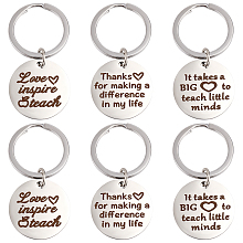 Arricraft 6Pcs 3 Style 304 Stainless Steel Lettering Keychains, Teachers' Day Theme, Flat Round with Word, Stainless Steel Color, 5cm, 2pcs/style