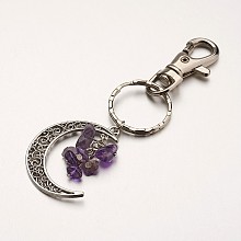 Honeyhandy Natural Amethyst Pendant Keychain, with Alloy Pendants, Iron Rings and Alloy Keychain Findings, Moon, 100mm