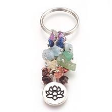 Honeyhandy Natural Gemstone Keychain, with Brass Findings, Flat Round with Lotus, 75mm, Pendant: 20x15x2mm