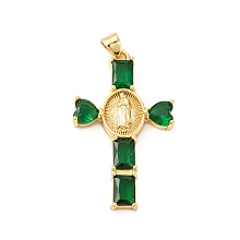 Honeyhandy Rack Plating Brass Pendants, with Glass Cubic Zirconia, Religion Heart Cross with Virgin Mary Charm, Cadmium Free & Lead Free, Long-Lasting Plated, Real 18K Gold Plated, Green, 39x23x4mm, Hole: 5x3mm