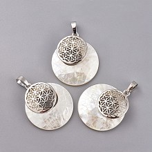 Honeyhandy Natural White Shell Mother of Pearl Shell Pendants, Spiritual Charms, with Platinum Tone Brass Findings, Flat Round with Flower of Life/Sacred Geometry, 32~32.5x28x7~7.5mm, Hole: 5x8mm