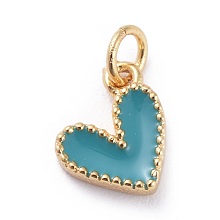 Honeyhandy Enamel Charms, with Brass Findings, Heart, Golden, Dark Turquoise, 9x7x2.5mm, Hole: 2.5mm