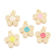 Honeyhandy Brass Micro Pave Clear Cubic Zirconia Pendants, with Enamel and Jump Rings, Long-Lasting Plated, Flower with Smiling Face, Real 18K Gold Plated, Mixed Color, 24x22x3mm, Hole: 3mm