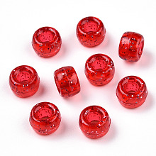 Honeyhandy Transparent Plastic Beads, with Glitter Powder, Barrel, FireBrick, 9x6mm, Hole: 3.8mm, about 1900pcs/500g