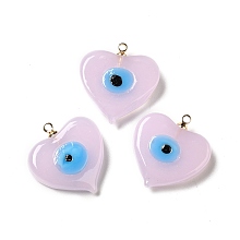 Handmade Lampwork Pendants, with Golden Plated Brass Finding, Cadmium Free & Lead Free, Heart with Evil Eye, Pink, 19.5x18.2x5mm, Hole: 1.4mm