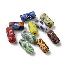 Opaque Handmade Lampwork Beads, Column with Flower Pattern, Random Color, 11.5~14X25.5~29mm, Hole: 3.5mm