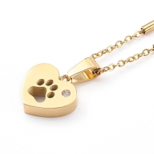 Honeyhandy 304 Stainless Steel Heart with Dog Paw Print Pendant Necklaces, with Rhinestone and Cable Chains, Golden, 17.32 inch(44cm)