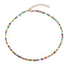 Honeyhandy Round Transparent Frosted Glass Seed Beaded Necklaces, with Alloy Lobster Claw Clasps, Golden, Colorful, 15.07 inch(38.5cm)