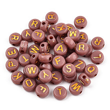 Honeyhandy Plating Acrylic Beads, Golden Metal Enlaced, Horizontal Hole, Flat Round with Letter, Indian Red, 6.5~7x3.5~4mm, Hole: 1.6mm, about 3600g/500g