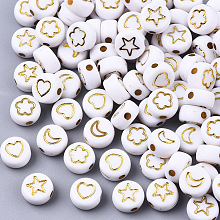 Honeyhandy Opaque Acrylic Beads, Flat Round with Mixed Patterns, Golden Plated, White, 7x4mm, Hole: 1.6mm, about 3700pc/500g