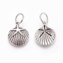 Honeyhandy Tibetan Style Alloy Pendants, Shell with Starfish/Sea Stars, Antique Silver, 21.5x18x2.5mm, Hole: 7mm