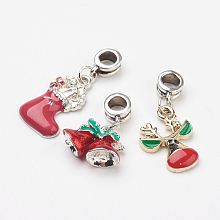 Arricraft Tibetan Style Alloy European Dangle Beads, with Christmas Alloy Enamel Pendants, Mixed Shape, Mixed Color, 25~35x15~17x3~7.5mm, Hole: 5mm