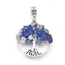 Honeyhandy Alloy European Dangle Charms, with Natural Lapis Lazuli Chips, Flat Round with Tree, Antique Silver, 38mm, Hole: 4mm, 28x25x4~5mm