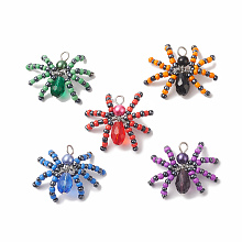 Honeyhandy Halloween Spider Glass Pendants, with Eco-Friendly Round Copper Wire Wrapped, Mixed Color, 28~30x35~35.5x8.5~11.5mm, Hole: 3.2~4mm