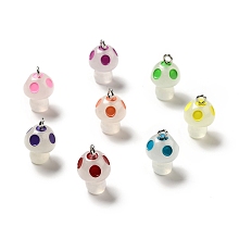 Honeyhandy Spray Painted Luminous Resin Pendants, Mushroom Charm, with Glitter Powder and Platinum Tone Iron Loops, Mixed Color, 21.5x13.5mm, Hole: 2.5mm